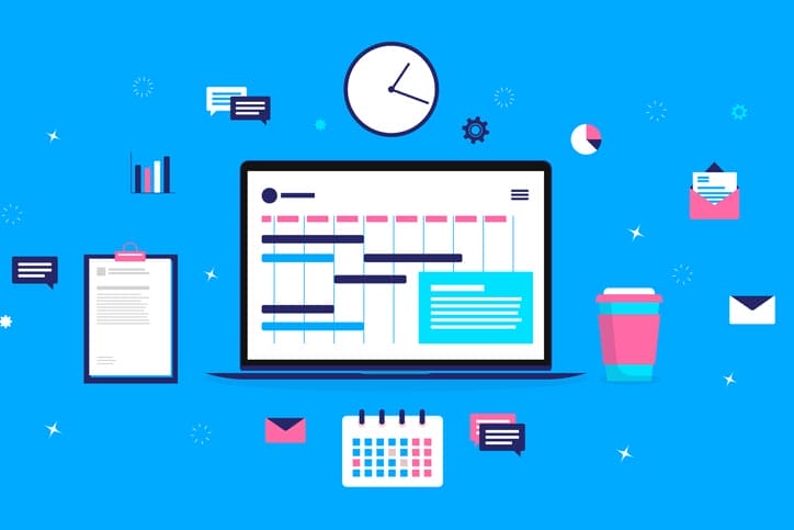 Vector illustration of laptop computer surrounded by objects needed to do project management.