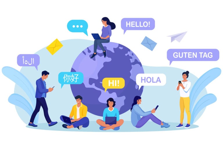 Graphic of a group of people texting in various languages